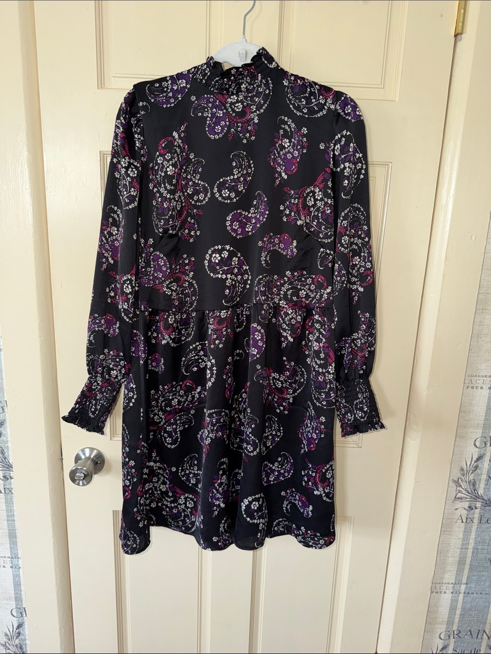 LOFT Black Paisley-Print Long Sleeve Mini Dress with Purple Accents